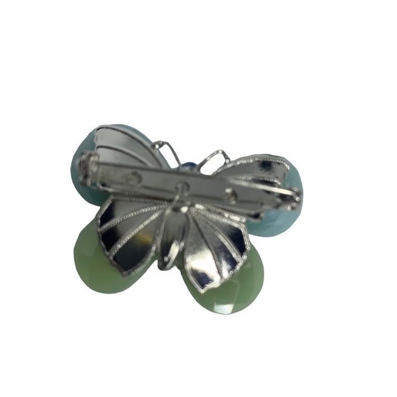 Vintage Faceted Blue Green Acrylic Butterfly Brooch 2" Silvertone Dimensional - Picture 6 of 6
